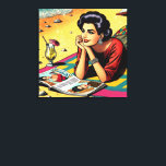 Lienzo Dama Retro en Beach Daydreaming sobre la moda<br><div class="desc">Mujer de arte pop retro con un vestido de mediados de siglo al estilo de los años 50 tomando un cóctel y soñando con la moda leyendo una revista en la playa.</div>
