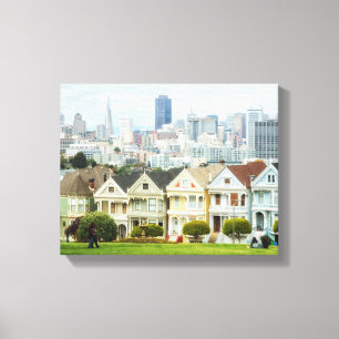 Lienzo Damas pintadas, casas victorianas y horizonte