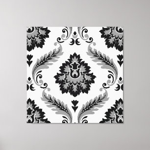 Lienzo Damascado Rococó Patrón Grande Gris Negro Blanco