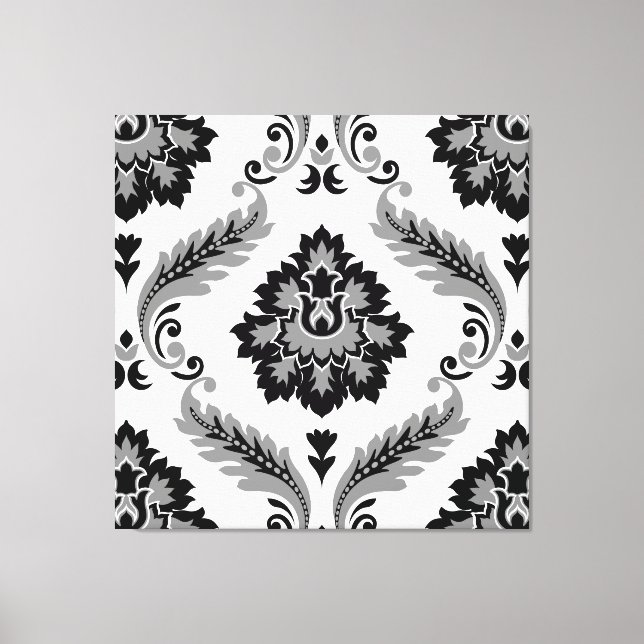 Lienzo Damascado Rococó Patrón Grande Gris Negro Blanco (Anverso)