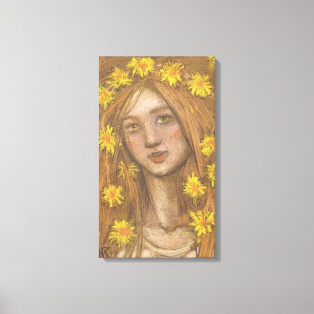 Lienzo Dandelions Bloom, Blonde Chica Flores Pintura de a (Anverso)