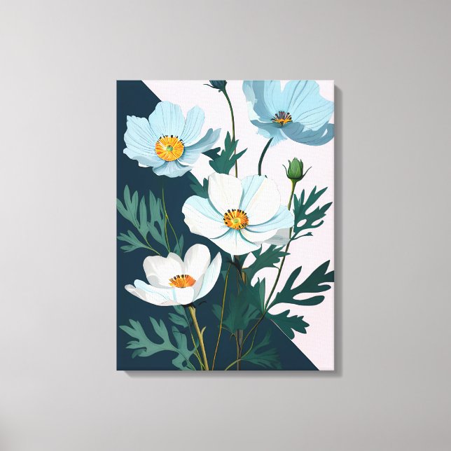 Lienzo Danza floral de ensueño: Flores blancas y azules (Anverso)