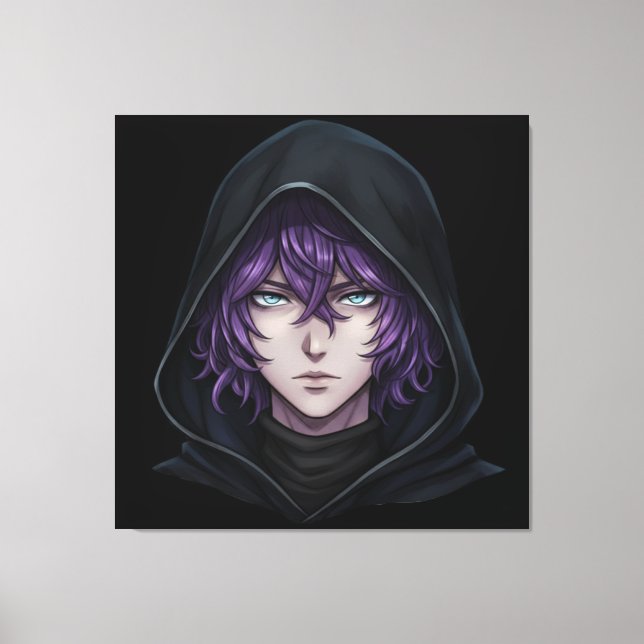 Lienzo Dark Hoodie Anime Boy with Purple Hair (Anverso)
