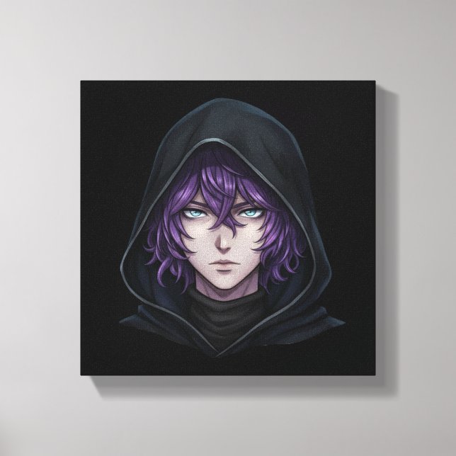 Lienzo Dark Hoodie Anime Boy with Purple Hair (Anverso)
