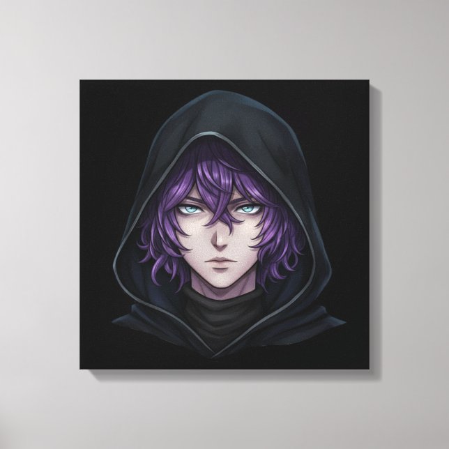 Lienzo Dark Hoodie Anime Boy with Purple Hair (Anverso)