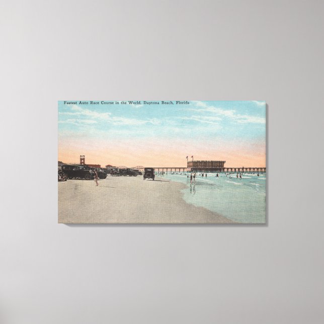 Lienzo Daytona, FL - Vista de la playa con coches y coche (Anverso)