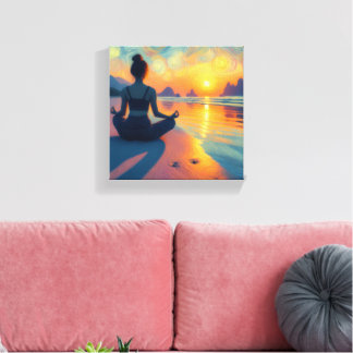 Lienzo de arte colorido de una playa al atardecer