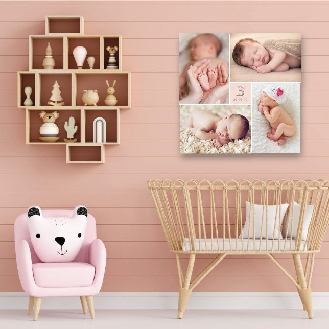 Lienzo de Collage de fotos monograma moderno para  (Modern Baby Girl Monogram Pink Center Square 4 Photo Collage Canvas Print @ fatfatin_box)