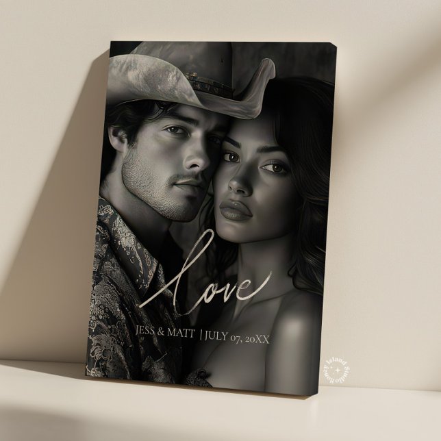 Lienzo de foto de boda con caligrafía elegante de  (Love elegant calligraphy wedding photo canvas)