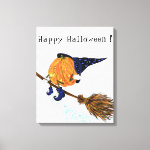 Lienzo de Halloween Bruja Calabaza Volando