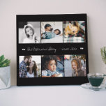Lienzo De Imitación 6 collage de fotos personalizados de la familia de<br><div class="desc">"Somos un nombre familiar y esta es nuestra historia desde el año" escritura a mano personalizado guión de caligrafía pintada en blanco (texto cambiable) y sus seis imágenes familiares sobre un sólido fondo negro (cambiable) haciendo una hermosa impresión de 6 fotos de lienzo falso para marcar tu aniversario con un...</div>