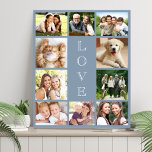 Lienzo De Imitación Amor familiar 10 Collage de fotos azul turbio<br><div class="desc">Un polvoriento y moderno collage de fotos en color azul impreso en forma de tela para celebrar a tu familia,  seres queridos,  amigos,  mascotas o evento especial. Personaliza con 10 fotos. "AMOR" está escrito en el centro en un elegante texto blanco.</div>