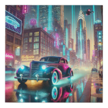 Auto vintage del Cyberpunk en la ciudad de Neon - 