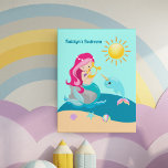 Lienzo De Imitación Chica Sirena Cute Personalizado Beach House Niños<br><div class="desc">Cute personalizado mermaid faux canvas impresión personalizada para una niña pequeña. Personalizar esta decoración de habitación infantil para una niña con su nombre en un hermoso azul océano en un cielo verde azulado bonito. La sirena de cabello rosa toca un arpa al lado de un narval y un sol amarillo...</div>