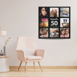 Lienzo De Imitación collage de fotos en plata negra de 50 años<br><div class="desc">Un regalo único para un cumpleaños número 50, celebrando su vida con un collage de 8 fotos, fotos propias. Personalice y agregue su nombre y una fecha. Un fondo negro de moda. El nombre está escrito con un guión moderno de estilo con letras a mano, número 50 con un tipo...</div>