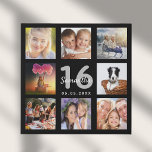 Lienzo De Imitación Collage de fotos Sweet 16 negro<br><div class="desc">Un regalo de cumpleaños 16 único o keepsake, celebrando su vida con un collage de 8 de sus fotos. Añada imágenes de su familia, amigos, mascotas, pasatiempos o destino de viaje de ensueño. Personalice y agregue un nombre, edad 16 y fecha. Letras de color blanco y gris. Un fondo negro...</div>