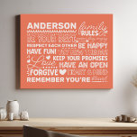 Lienzo De Imitación Coral de nombre positivo personalizado de las regl<br><div class="desc">Crea un ambiente cálido y acogedor en tu casa con esta impresión personalizada de tela de coral. Con un diseño moderno con reglas familiares reconfortantes y espacio para añadir el nombre de su familia en texto blanco, este arte mural es una hermosa manera de celebrar su vínculo único. Una adición...</div>