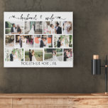 Lienzo De Imitación Cuadrícula de masonería de fotos de marido y mujer<br><div class="desc">Collage de fotos boda al estilo moderno de cuadrícula de mampostería con cita manuscrita y 12 de tus fotos favoritas. La plantilla de fotos está configurada para que agregue sus imágenes, que se mostrarán automáticamente en formatos horizontales y verticales. La redacción romántica dice que el marido y la mujer están...</div>