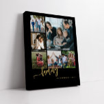Lienzo De Imitación Guión de la familia de collages de fotos múltiples<br><div class="desc">Elegante y moderno guión de caligrafía escrita a mano por la familia con seis fotos personalizados foto foto foto de hongos de lona de color oro negro. Tenga en cuenta que el color de fondo puede cambiar. Puede reemplazar el negro por cualquier otro color después de seleccionar la opción PERSONALIZAR....</div>