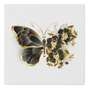 Lienzo De Imitación Mariposa de flores de oro con orquídea negra
