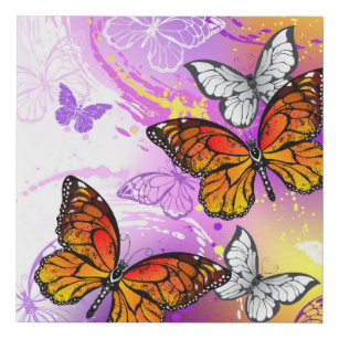 Lienzo De Imitación Mariposas monarcas en fondo morado