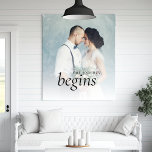 Lienzo De Imitación Nuestro viaje comienza Personalizado foto de recié<br><div class="desc">Nuestro viaje comienza con la foto Personalizado de los recién casados. Un recuerdo romántico de tu día de boda para mostrarte en tu pared. Simplemente reemplace la foto de ejemplo con la suya.</div>