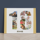 Lienzo De Imitación Número de collage de fotos 18 Nacimiento Neutral 1<br><div class="desc">Crea tu propio regalo fotográfico personalizado para un cumpleaños 18. Este claro collage de fotos está en la forma del número 18 en un fondo blanco con arena beige neutra / bordes amarillos mudos. El collage puede contener 12 fotos y la plantilla está preparada para que añadas tus fotos favoritas...</div>