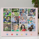 Lienzo De Imitación Personalizado collage de fotos nombre familia cora<br><div class="desc">Feliz guión familiar regalo de mantenimiento con 12 collage de fotos cuadradas personalizados y corazones coloridos esparcidos por un fondo rosa pastel (cambiable).       Sube tus fotos y personaliza el texto!</div>
