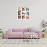 Lienzo De Imitación personalizado de 18 años collage de fotos monogram<br><div class="desc">Un regalo de cumpleaños 18 único o keepsake, celebrando su vida con un collage de 8 de sus fotos. Añada imágenes de su familia, amigos, mascotas, pasatiempos o destino de viaje de ensueño. Personalice y agregue un nombre, edad 18 y fecha. Letras de color gris y negro. Un fondo blanco...</div>