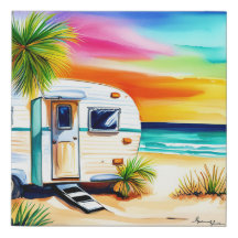 Trailer de viaje de estilo vintage en una playa se