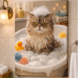 Lienzo De Imitación Un gato gruñón en un baño burbujeante