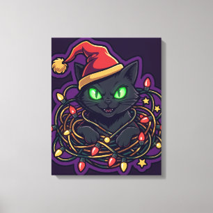 Lienzo de luces de Navidad de gato negro divertido
