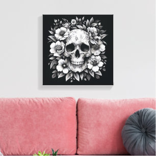 Lienzo de pared gótico de cráneo floral con tinta 