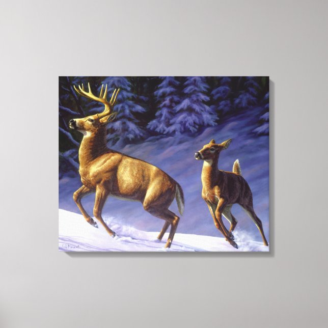 Lienzo Deer blanco y perro en la nieve de invierno (Anverso)