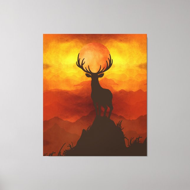 Lienzo Deer Buck sobre la montaña con puesta de sol (Anverso)