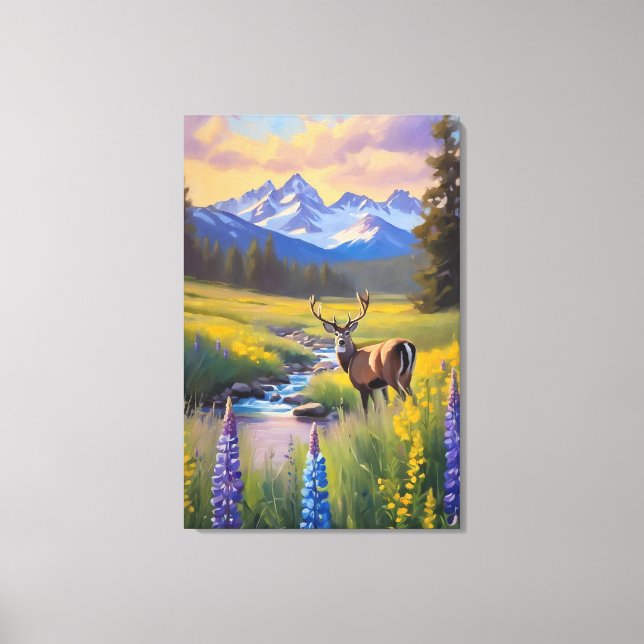 Lienzo Deer Rocky Mountain Meadow Wildflowers Pintura (Anverso)
