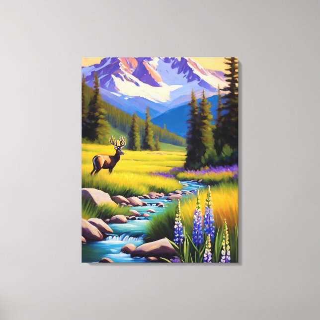 Lienzo Deer Rocky Mountain Spring Meadow Sunshine Lupins (Anverso)