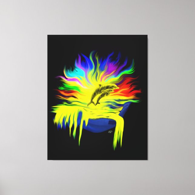 Lienzo Delfines al sol con mano (Anverso)