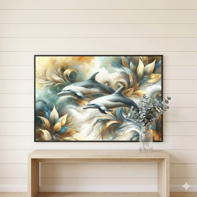 Lienzo Delfines Paisaje de Sueños Botánicos Dorados (Dolphins Golden Botanical Dreamscape Canvas Print Mockup A)