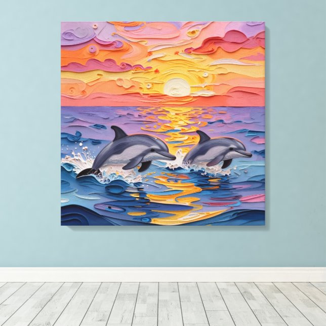 Lienzo Delfines y olas del océano con impasto   (Insitu (piso de madera))