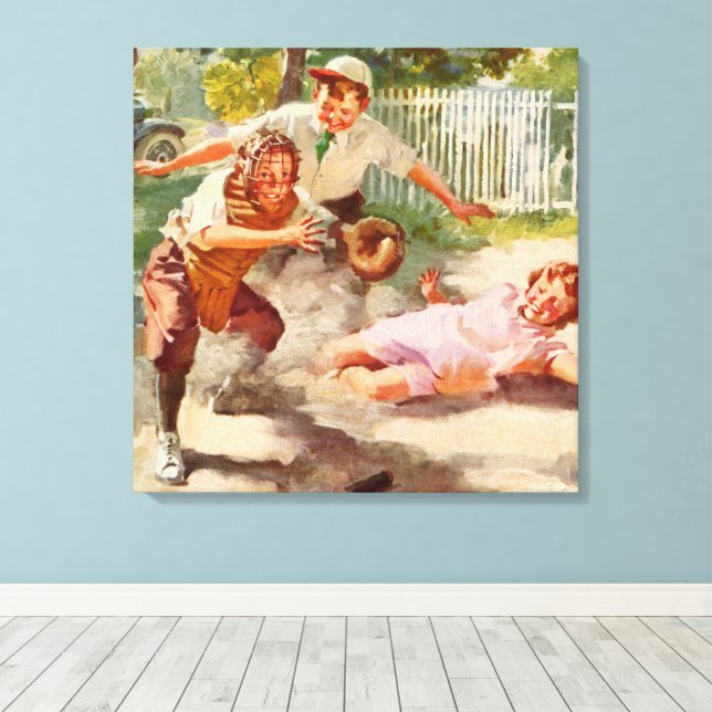 Lienzo Deportes Antiguos, Niños Juegan Béisbol con Pelota (Insitu (piso de madera))