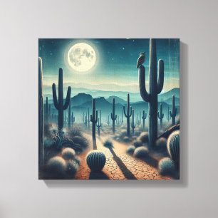 Lienzo Desierto iluminado por la luna con cactus y luciér