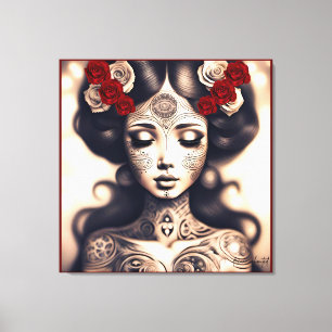 LIENZO DÍA DE LOS MUERTOS TATTOO BELLEZA RETRATO ROSAS