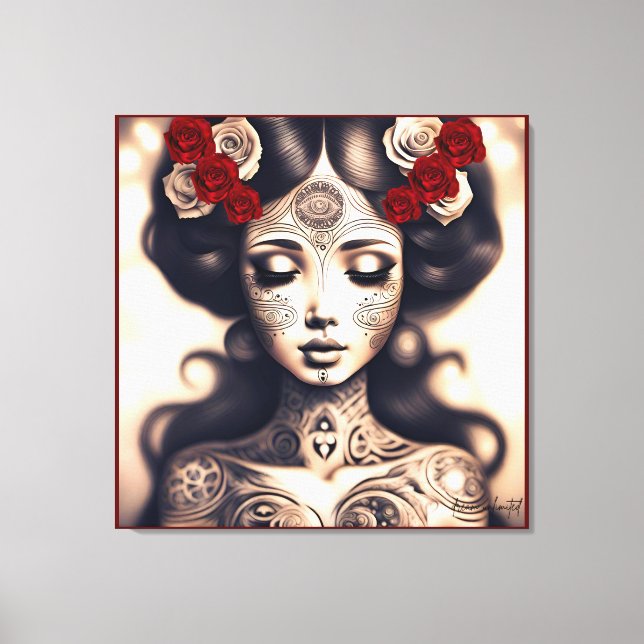 LIENZO DÍA DE LOS MUERTOS TATTOO BELLEZA RETRATO ROSAS (Anverso)