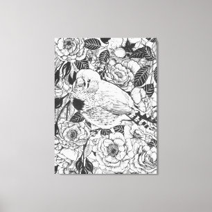 Lienzo Dibujo a tinta de pinzón cebra y rosal