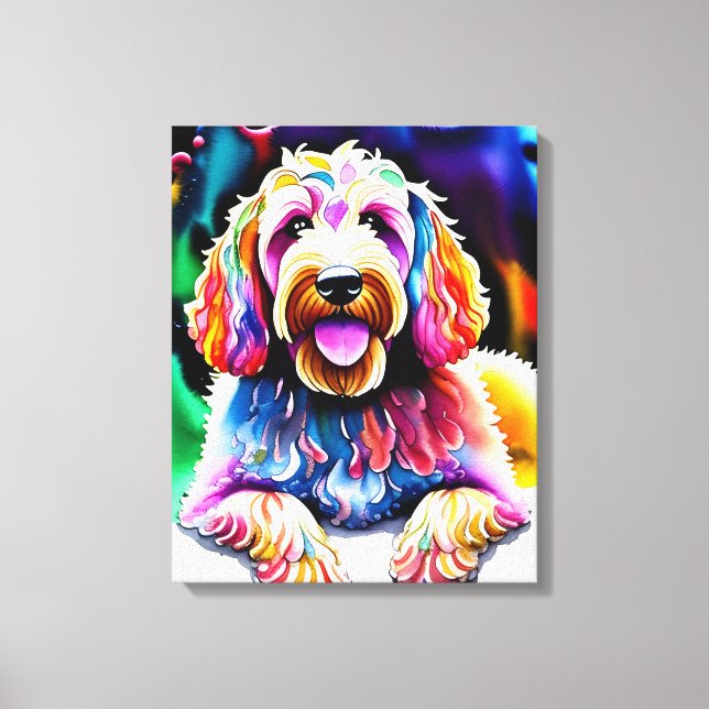 Lienzo Dibujo acuático de Happy Dog Goldendoodle (Anverso)