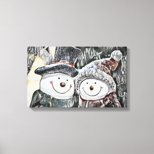 Lienzo Dibujo de invierno, Navidades Snowman y mujer Niev