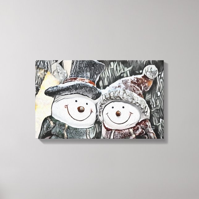 Lienzo Dibujo de invierno, Navidades Snowman y mujer Niev (Anverso)