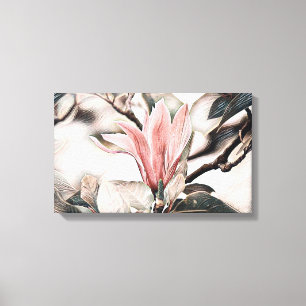 Lienzo Dibujo de una rama floral de magnolia rosa
