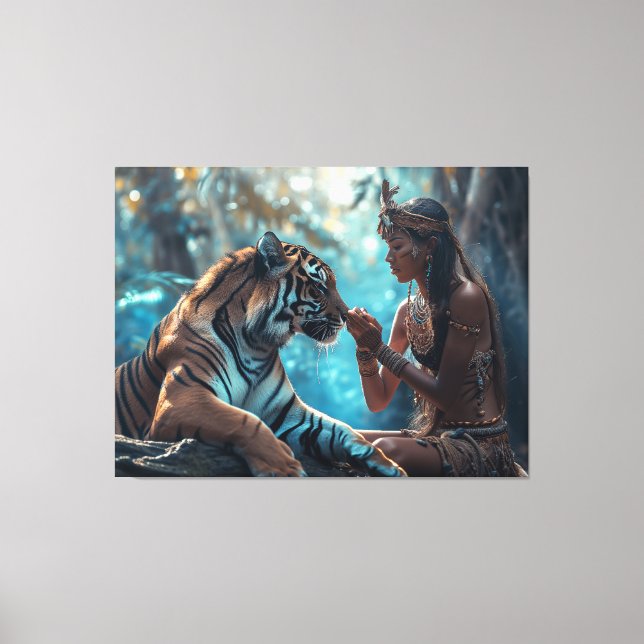Lienzo Diosa del tigre - Una mujer en la naturaleza con t (Anverso)